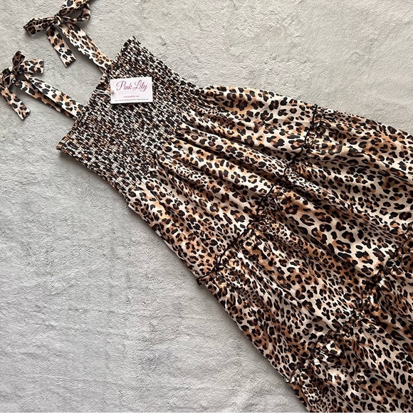 Pink Lily Dresses & Skirts - NWT Pink Lily Leopard Cheetah Animal Print Smocked Tie Strap Tiered Midi Dress